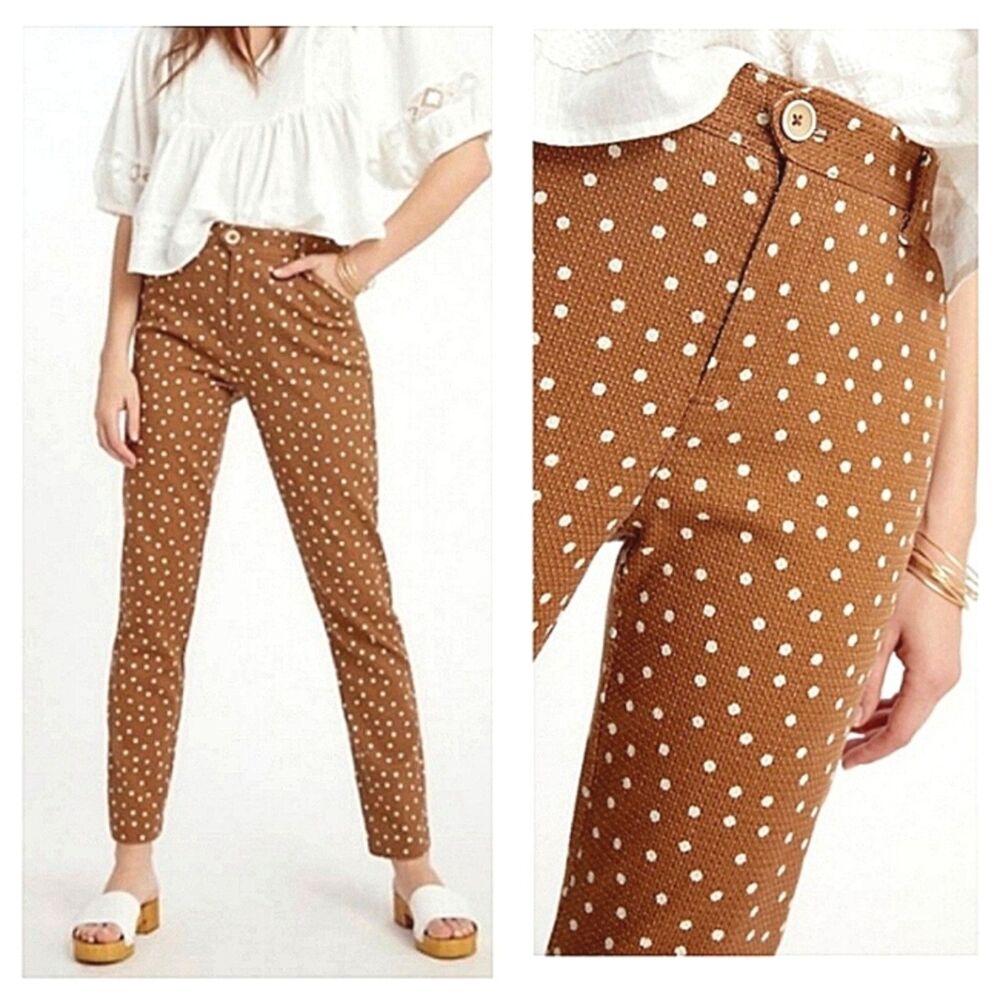 Anthropologie The Essential Slim Pants Sz 2 Brown Textured Polka Dot Crop Preppy